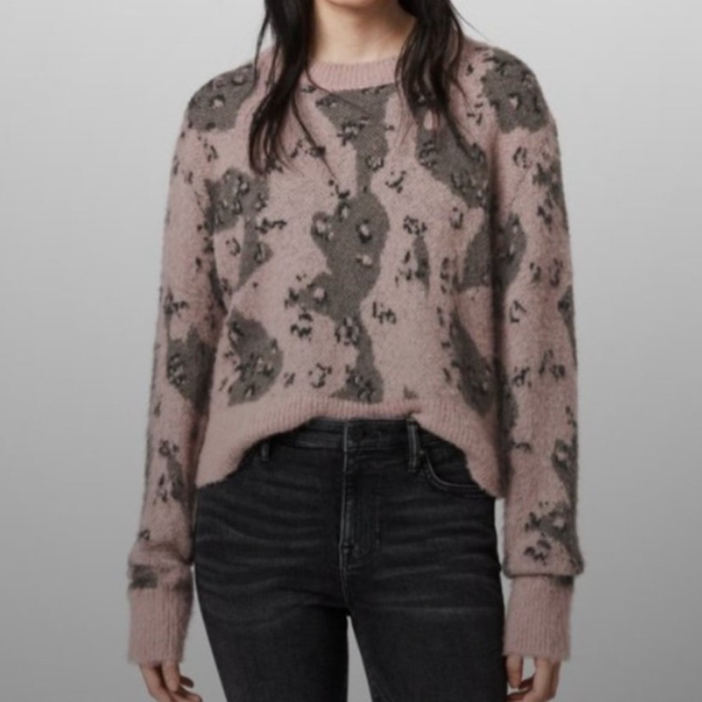 All Saints Asko Camo Sweater in Pink and Olive Green Retails for $198 Size S